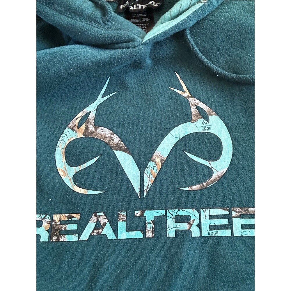 Hoodie Sz M By Realtree Dark Teal With Graphic , Hood Lined In Flannel Print - Picture 3 of 7